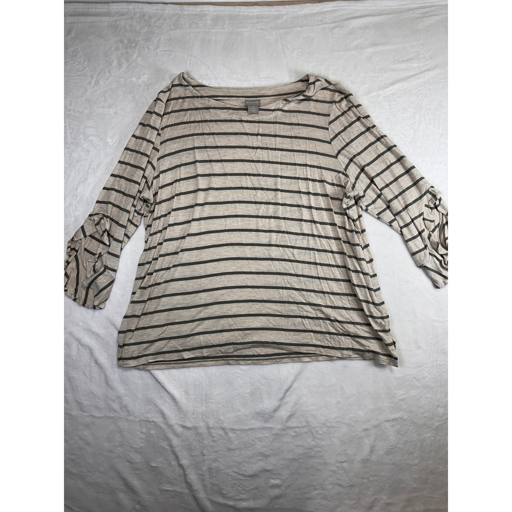 Chico's Striped 3/4 Ruffle Sleeve Top Size 3 XL Beige Gray Boat‎ Neck Womens